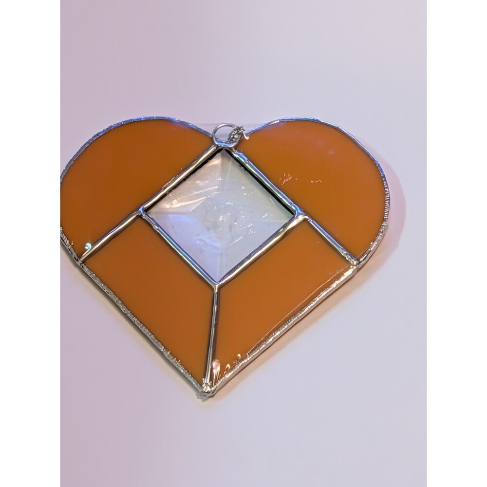 Handmade Stained Glass Heart Suncatcher - 4.5" Orange Amber 3D Window Art OOAK